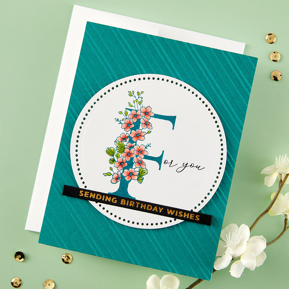 Floral F and Sentiment Press Plate from the Every Occasion Floral Alphabet Collection