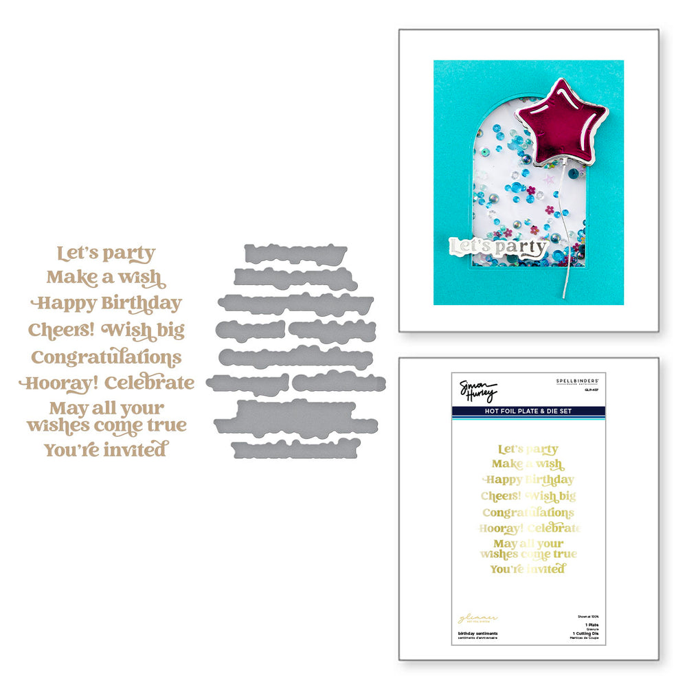 Birthday Sentiments Glimmer Hot Foil Plate & Die Set from the Birthday Bash Collection by Simon Hurley