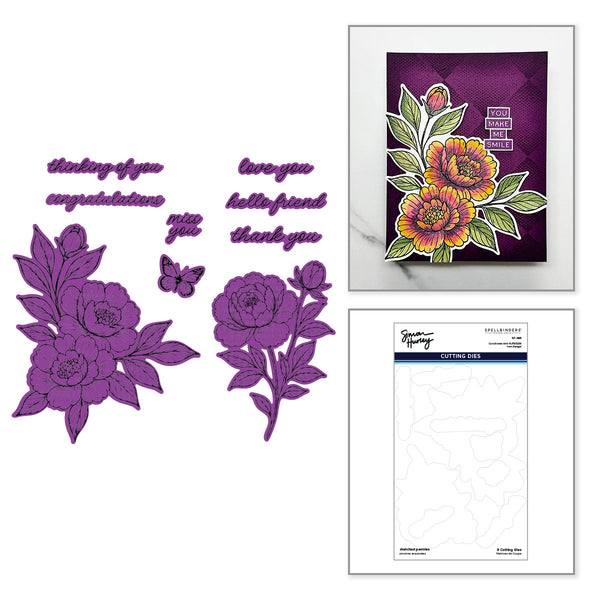 Sketched Peonies Etched Dies for Coordinating Stamp Set by Simon Hurley